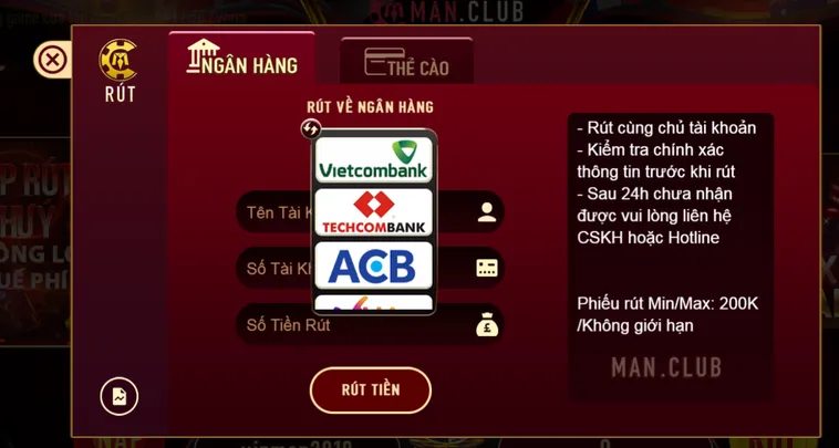 Rút Tiền ManClub Về Tài Khoản Ngân Hàng Nhanh Chóng An Toàn Tuyệt Đối